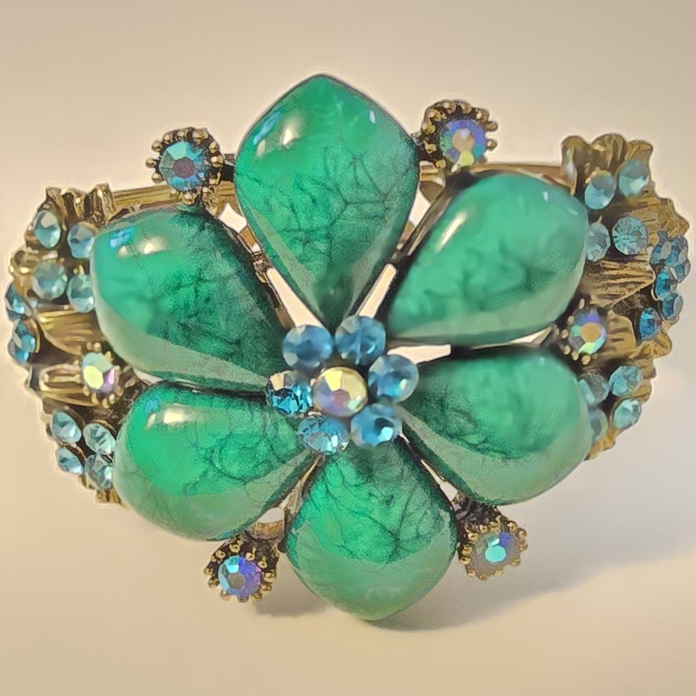 Vintage 90s green blue aurora borielis flower cuff clamp bracelet Hollywood Glam
